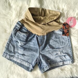 Indigo Poppy Light Wash Cuffed Distressed Denim Maternity Shorts Sz L New